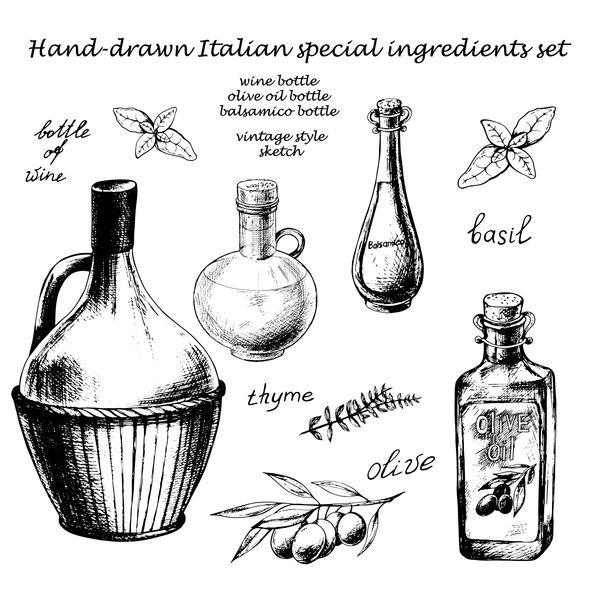 مجموعه جوهر دستی قدیمی با بطری های شیشه ای شراب روغن زیتون و بالزامیک و سایر مواد ویژه ایتالیایی