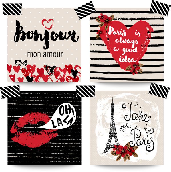 مجموعه ای از کارت های تایپوگرافی با دست کشیده شده شیک پس زمینه های رترو رمانتیک پاریس فرانسه با شعار سلام علامت عشق من