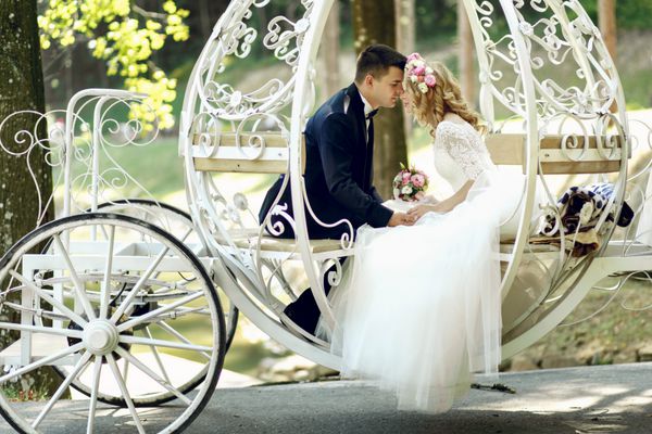 داماد خوش تیپ در حال بوسیدن عروس زیبا در کالسکه افسانه ای جادویی در پارک نور خورشید