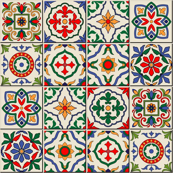الگوی بدون درز زرق و برق دار سفید رنگارنگ مراکشی کاشی های پرتغالی آزولخو زیور آلات قابل استفاده برای کاغذ دیواری پر کردن الگو پس‌زمینه صفحه وب بافت‌های سطحی
