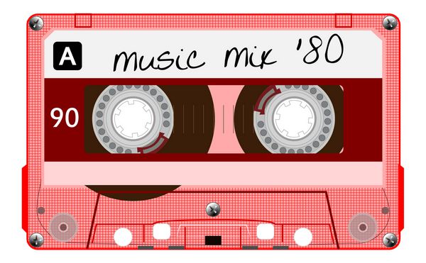 کاست صوتی پلاستیکی شفاف قدیمی نوار کاست موزیکال قرمز با متن - میکس موسیقی 80 فناوری قدیمی طراحی واقعی رترو وکتور هنری جدا شده روی پس‌زمینه سفید