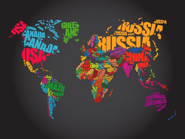 نقشه جهان در تایپوگرافی مفهوم ابر کلمه نام کشورها