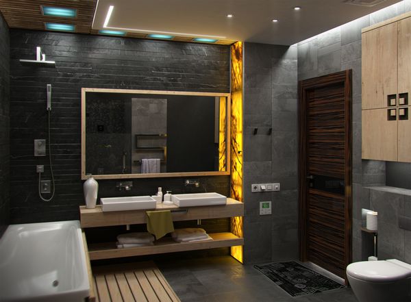 طراحی داخلی مینیمالیستی حمام رندر سه بعدی