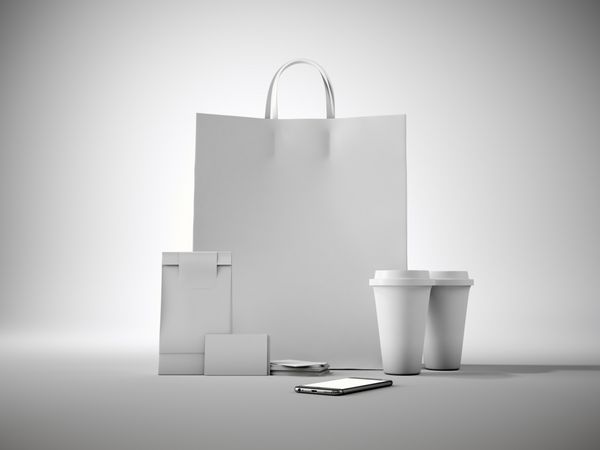 مجموعه ای از کیسه خرید کاردستی سفید دو فنجان قهوه کارت ویزیت و گوشی هوشمند با طراحی عمومی پس زمینه روشن رندر سه بعدی