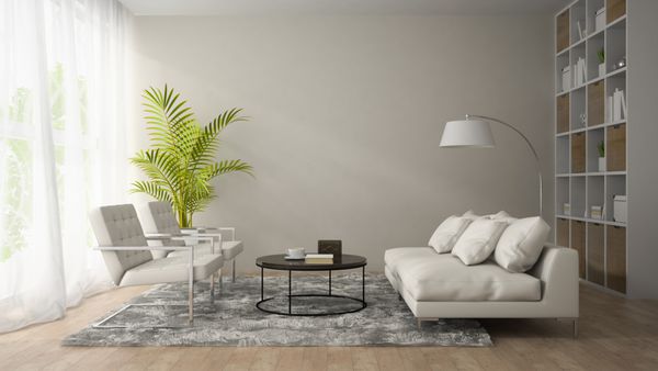 فضای داخلی اتاق مدرن با رندر سه بعدی صندلی راحتی و مبل سفید