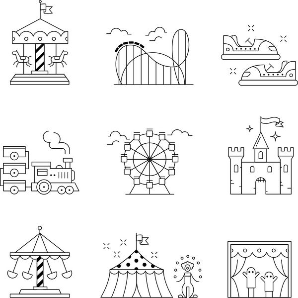 مجموعه شهربازی آواز می خواند نمادهای هنری خط نازک تصاویر سبک خطی جدا شده روی سفید