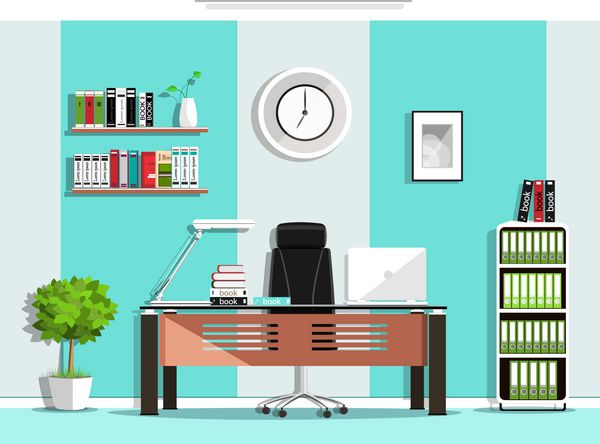 طراحی داخلی اتاق اداری گرافیکی جالب با مبلمان صندلی میز قفسه کتاب قفسه لامپ وکتور سبک تخت