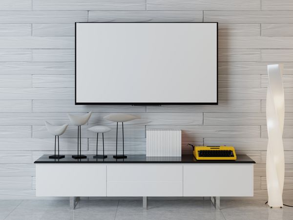 پوستر موکاپ با واحد تلویزیون در فضای داخلی معاصر رنگ سفید در فضای داخلی رندر سه بعدی