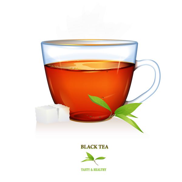 تصویر چای سیاه بردار فنجان چای سیاه با برگ های چای و دو عدد شکر فنجان شیشه ای