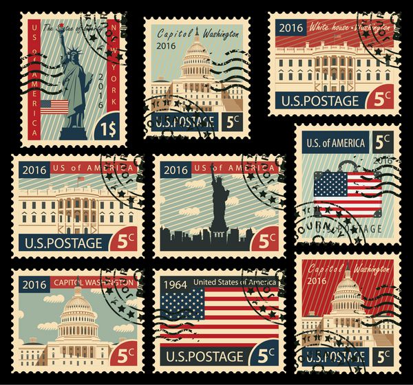مجموعه ای از تمبرها با تصویر نشانه های معماری ایالات متحده آمریکا
