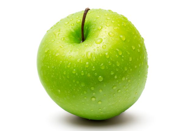 سیب سبز تازه کامل جدا شده در زمینه سفید با قطره آب در عمق میدان کامل با مسیر برش