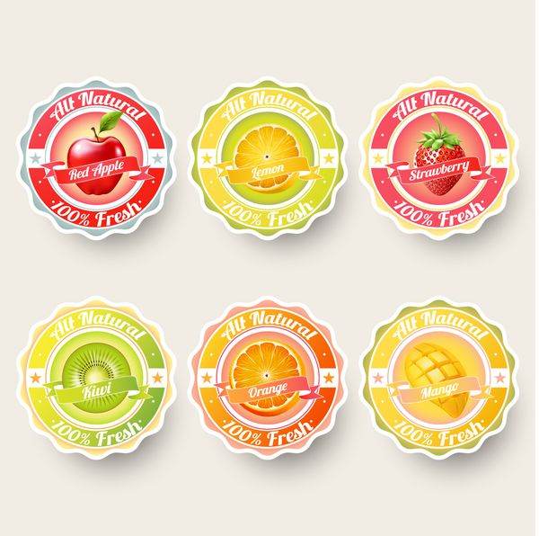 مجموعه ای از لیبل های پرتقال لیمو توت فرنگی کیوی سیب آب انبه اسموتی شیر و برچسب های تازه برچسب وکتور مفهومی تبلیغاتی