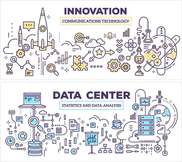 وکتور مفهوم خلاقانه مرکز داده و فناوری نوآوری الگوی ترکیب افقی طراحی به سبک هنری خط نازک مسطح دستی برای موضوع سرور و فناوری نوآوری
