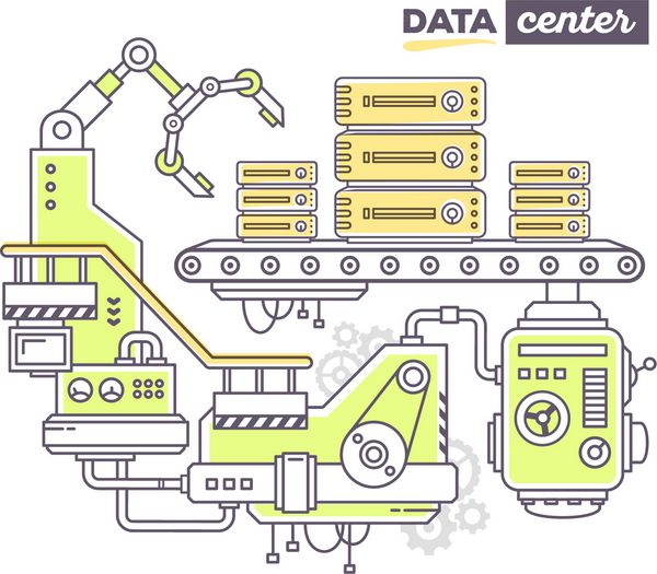 وکتور مکانیزم خلاقانه حرفه ای برای تولید سرور روی تسمه نقاله با مرکز داده متنی در پس زمینه سفید طراحی سبک هنری با خط نازک مسطح برای مرکز داده سرور