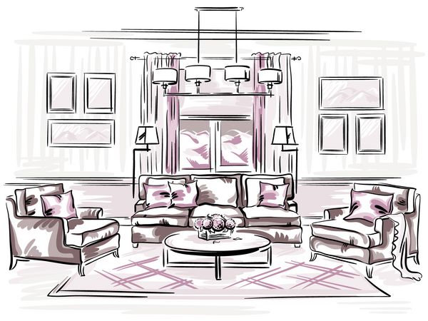 طراحی داخلی اتاق نشیمن کلاسیک با مبل صندلی بازو و قاب دیوار طرح طراحی شده با دست سبک آمریکایی