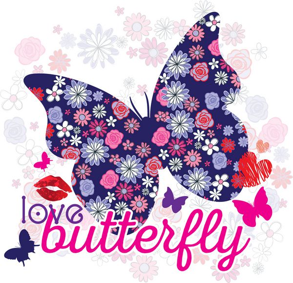 چاپ گرافیکی وکتور عشق عاشقانه زیبا تایپوگرافی برای تی شرت با پروانه