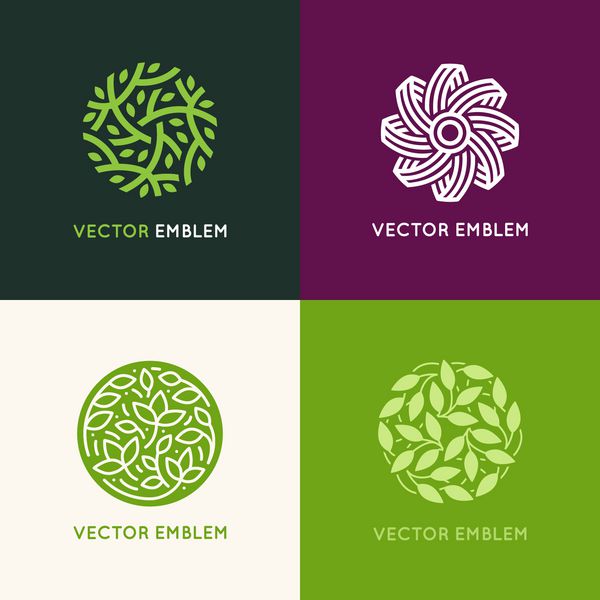 مجموعه وکتور الگوهای طراحی لوگو سبز انتزاعی - نشان مراکز پزشکی جامع کلاس های یوگا محصولات غذایی طبیعی و ارگانیک و بسته بندی - دایره های ساخته شده با برگ و گل