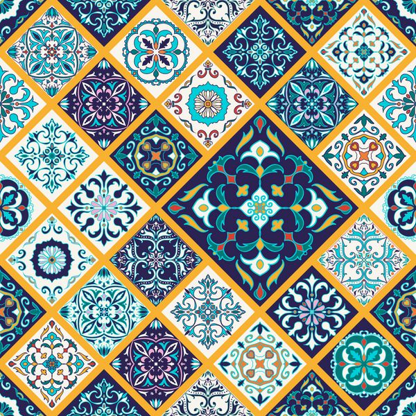 وکتور بافت بدون درز الگوی مگا پچ ورک زیبا برای طراحی و مد با عناصر تزئینی کاشی های پرتغالی آزولخو تالاورا زیور آلات مراکشی به شکل های لوزی