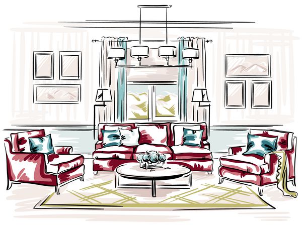 طراحی داخلی اتاق نشیمن کلاسیک با مبل قرمز صندلی بازو و قاب دیوار طرح دست کشیده در وکتور سبک آمریکایی
