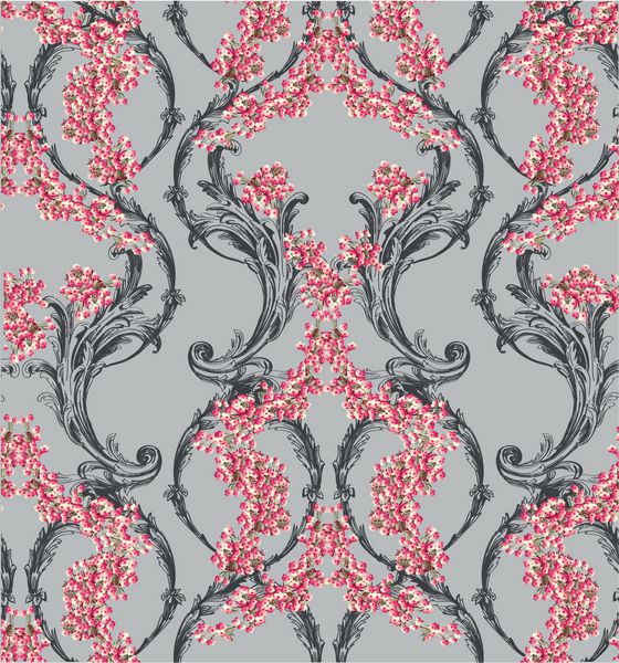 الگوی کلاسیک با طومارها و گل های روشن کوچک به سبک باروک در زمینه خاکستری