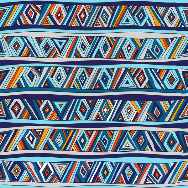 الگوی هندسی بدون درز در سبک قومی نقوش سنتی قبیله ای و عامیانه مثلث زیگزاگ راه راه دست های نقاشی شده رنگ پر رنگ شاد