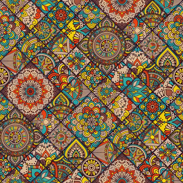 الگوی بدون درز کاشی شرقی لوکس پس زمینه تکه تکه گل های رنگارنگ استایل شیک بوهو ماندالا زیور گل غنی عناصر طراحی شش ضلعی موتیف مراکشی پرتغالی وکتور