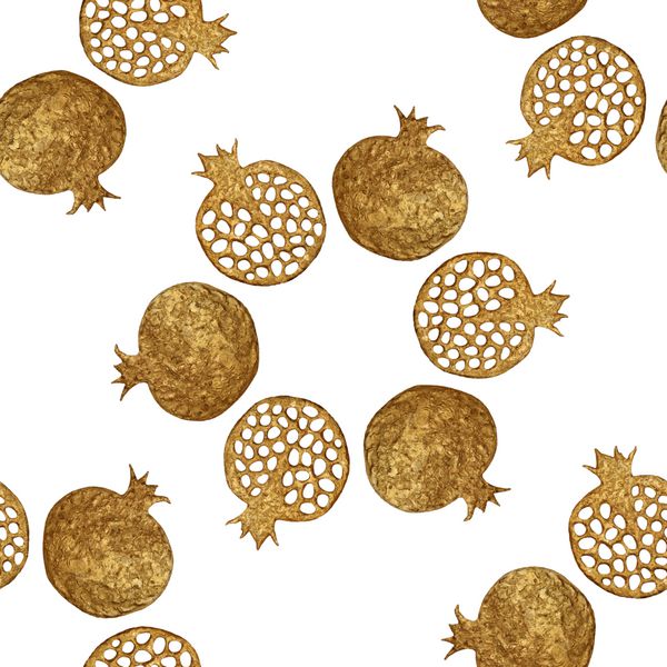 الگوی انار انتزاعی طلایی پس زمینه پر زرق و برق نقاشی با دست بافت درخشنده میوه تصویرسازی گل کاغذ دیواری بدون درز چاپ طرح پارچه
