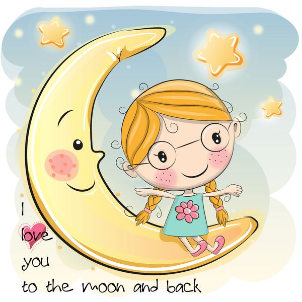 دختر کارتونی ناز روی ماه نشسته است