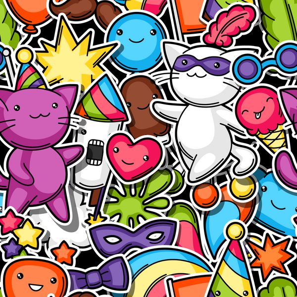 الگوی بدون درز کاوائی مهمانی کارناوال گربه های برچسب ناز تزئینات جشن اشیاء و نمادها
