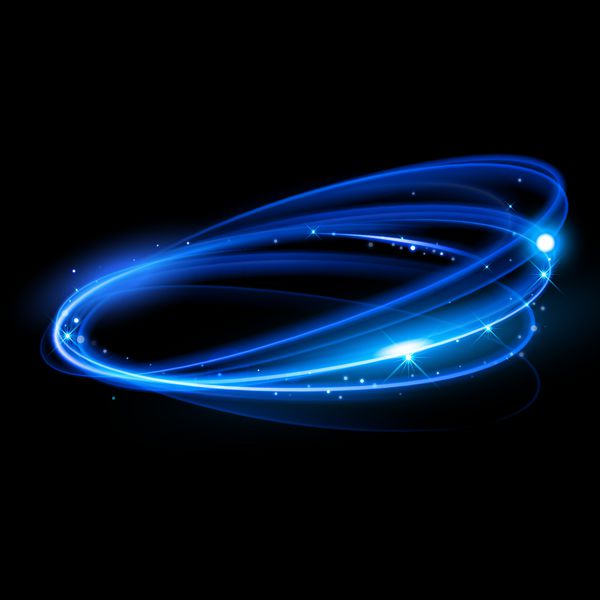 وکتور دایره نور نئون در حال حرکت رد حلقه آبی درخشان جلوه دنباله چرخش درخشش جادویی زرق و برق در پس زمینه سیاه خط موج گرد پر زرق و برق بوکه با چراغ های فلاش درخشان در حال پرواز