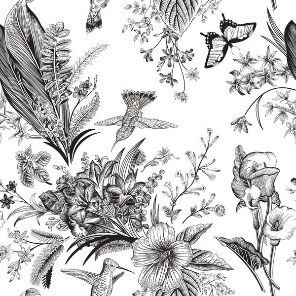 وکتور الگوی گل وینتیج بدون درز گل ها و پرندگان عجیب و غریب تصویر کلاسیک گیاه شناسی سیاه و سفید