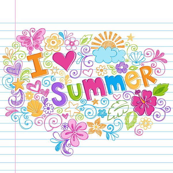 نقاشی دستی I Love Summer Tropical Lettering Sketch Doodles Notebook روی پس‌زمینه کاغذ دفترچه طرح‌دار خط‌دار