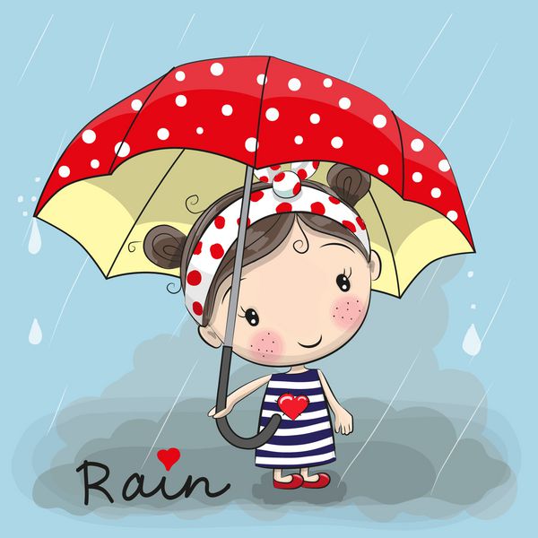 دختر کارتونی ناز با چتری که زیر باران ایستاده است