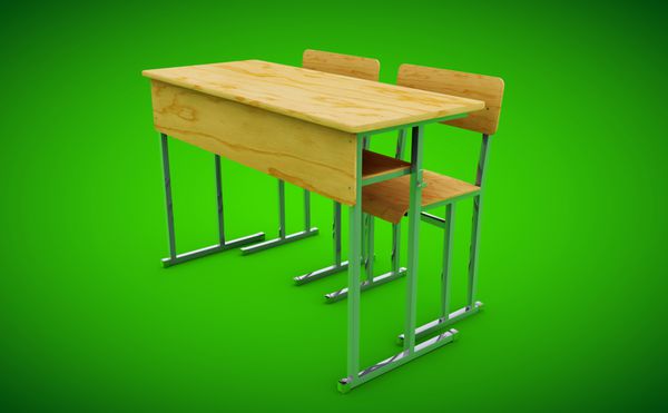 رندر سه بعدی جلو میز و صندلی مدرسه