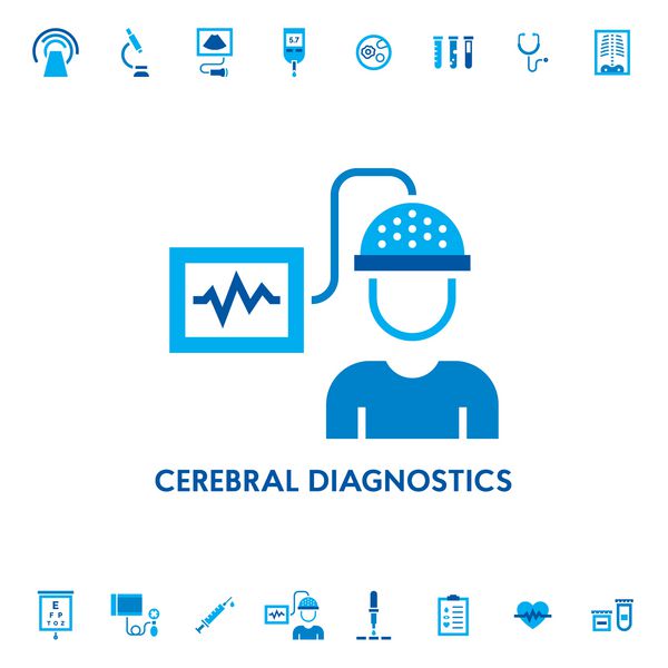 نشان‌واره نماد وکتور تشخیصی مغز مغز تصویر علامت تحقیقات پزشکی EEG برای آزمایشگاه بیمارستان تجهیزات پزشک بالینی در زمینه سفید چک آپ الکتروانسفالوگرام