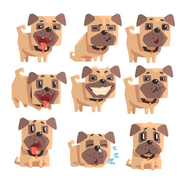 توله سگ کوچک پت پاگ با قلاده مجموعه ای از اموجی های صورت و فعالیت ها تصاویر کارتونی