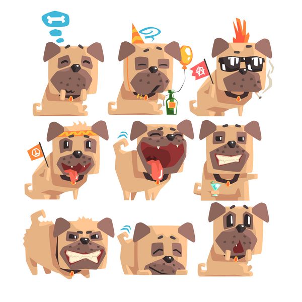 توله سگ کوچک پت پاگ با قلاده مجموعه ای از حالات صورت و فعالیت های ایموجی تصاویر کارتونی