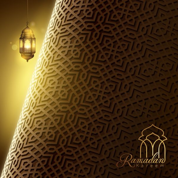 قالب کارت تبریک رمضان کریم طرح بنر پس زمینه الگوی مراکش اسلامی و فانوس عربی