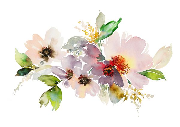 تصویر آبرنگ گلها ترکیب دستی بهار تابستان