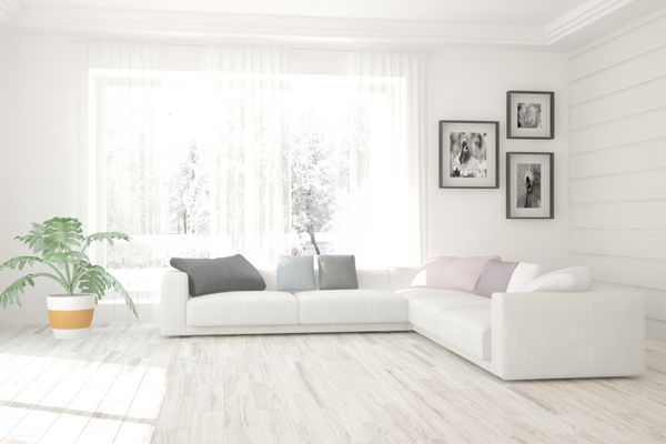 فضای داخلی اتاق نشیمن سفید با مبل و چشم انداز زمستانی در پنجره طراحی خانه اسکاندیناوی تصویرسازی سه بعدی