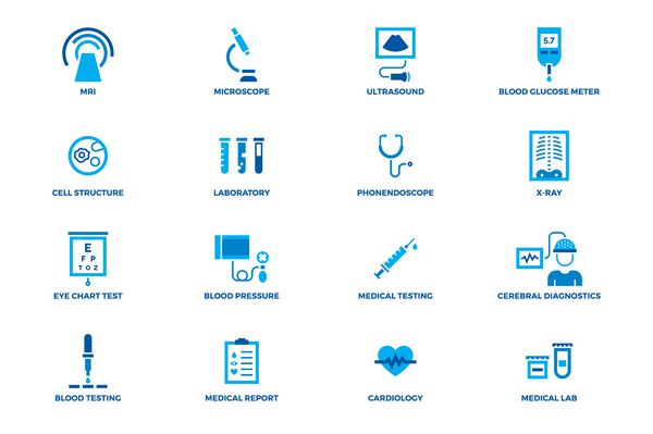 مجموعه آیکون وکتور تشخیصی پزشکی علائم مراقبت بهداشتی و تحقیقاتی تخت پزشکی و مهندسی شیمی نمادهای آزمایشگاهی بالینی میکروبیولوژی تجزیه و تحلیل ایمنی اشعه ایکس MRI اسکن آزمایش خون