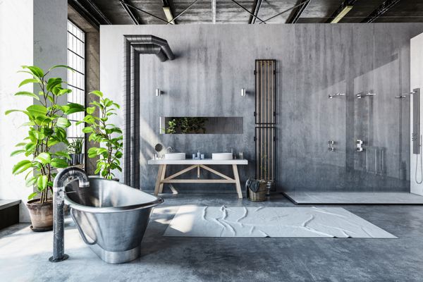 فضای داخلی حمام خاکستری روشن یک انبار صنعتی تبدیل شده با وان رول فلزی پیشرفته و گیاهان گلدانی سبز تازه و بزرگ در مقابل پنجره های بلند رندر سه بعدی