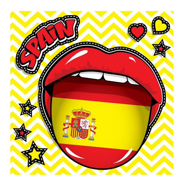 تولدت مبارک اسپانیا - لب و زبان قرمز پاپ آرت با پرچم تکه‌های شیک مد نشان‌ها سنجاق‌ها و برچسب‌ها روز استقلال مبارک وکتور با پرچم کشور