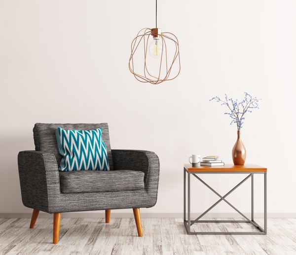 نمای داخلی اتاق نشیمن با میز قهوه صندلی راحتی و لامپ خاکستری رندر سه بعدی