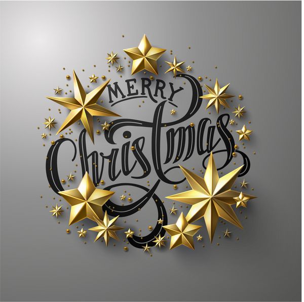 حروف کریسمس مبارک خوشنویسی تزئین شده با ستاره های طلایی کارت تبریک کریسمس