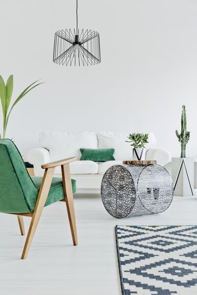 فضای داخلی خانه سبک با صندلی سبز فرش و مبل