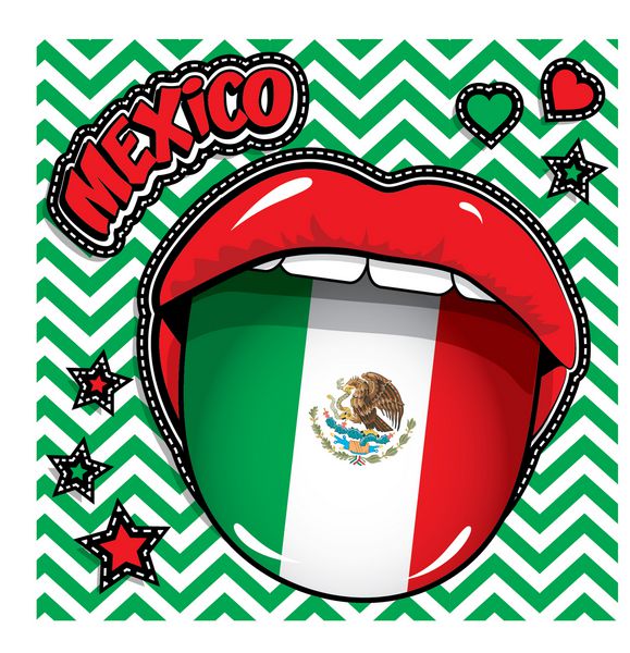 تولدت مبارک مکزیکو - لب و زبان قرمز پاپ آرت با پرچم تکه‌های شیک مد نشان‌ها سنجاق‌ها و برچسب‌ها روز استقلال مبارک وکتور با پرچم کشور