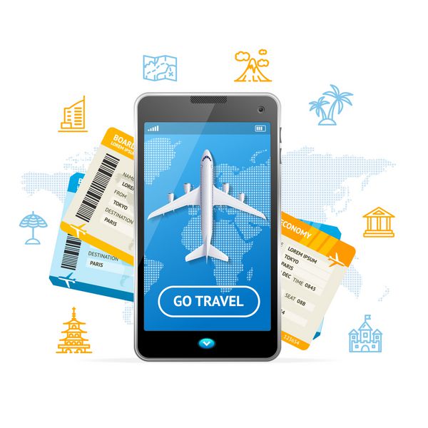 مفهوم رزرو سفر با بلیط موبایل هواپیمای مسافربری برای وب و اپلیکیشن وکتور