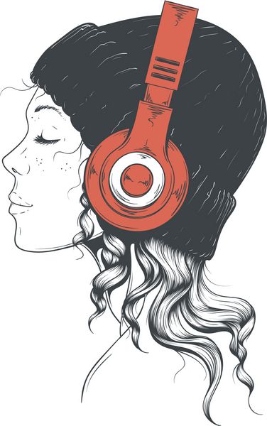 دختر جوان و زیبای هیپستر با کلاه شیک مدرن با نمای جانبی قفل‌های مجعد زن زیبا در حال گوش دادن به موسیقی با هدفون قرمز رنگ قرمز هنر وکتور طراحی شده با دست