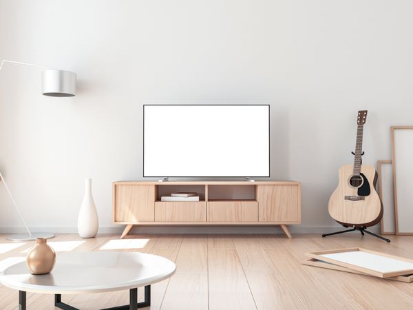 مدل تلویزیون هوشمند اتاق نشیمن با گیتار آکوستیک رندر سه بعدی
